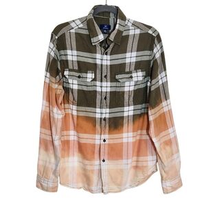 George Green and Orange Ombre Bleached Plaid Flannel Shirt Size Medium 38-40